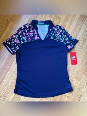 PGA Tour navy pink floral v neck top shirt golf polo short sleeve sz M NEW